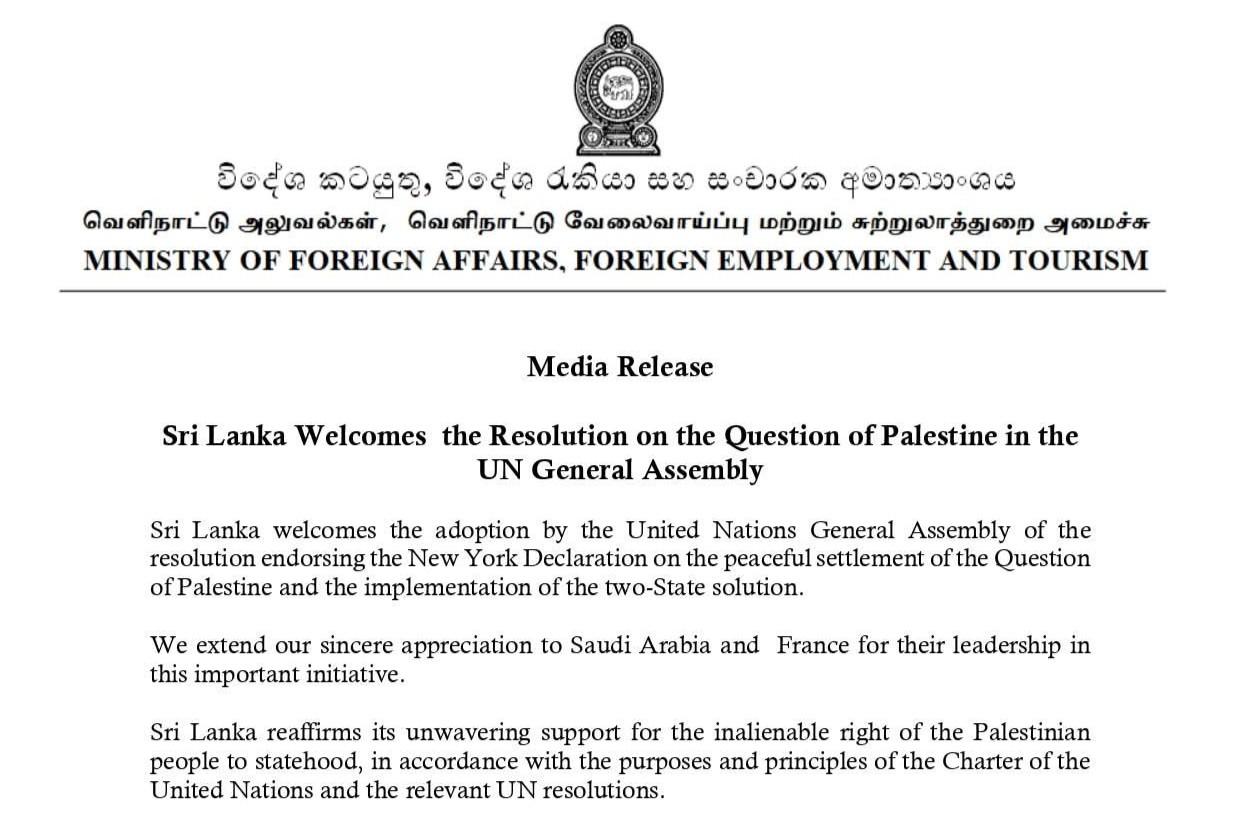 Sri Lanka Welcomes the Resolution on the Question of Palestine in the UN General Assembly