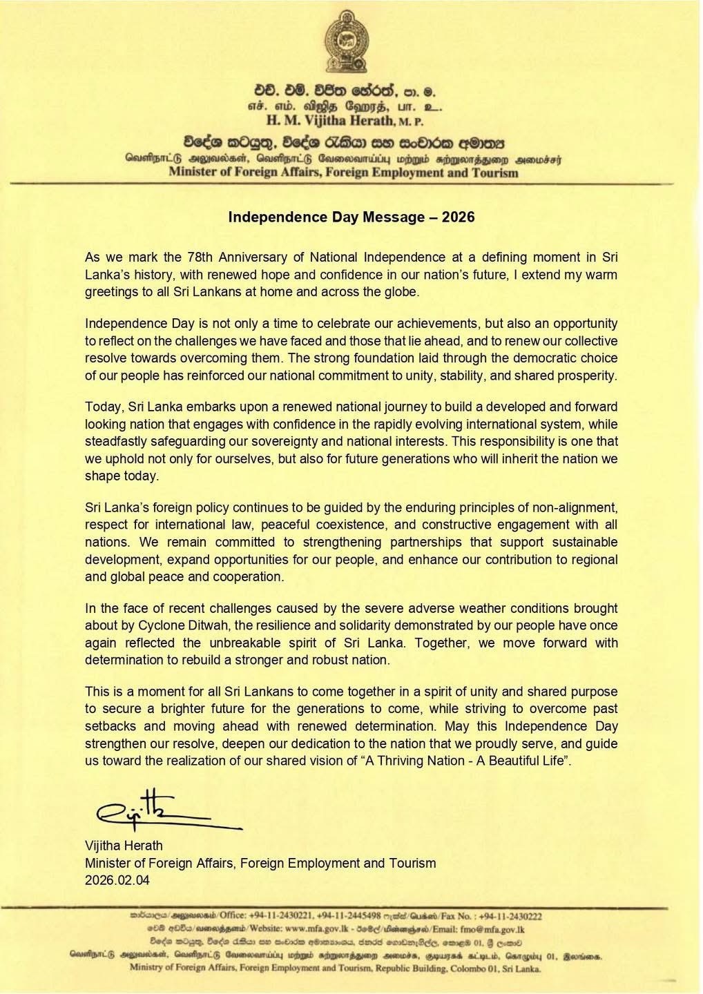 Independence Day Message of Hon. Minister of Foreign Affairs, Foreign Employment and Tourism – 78th Independence Day Celebrations