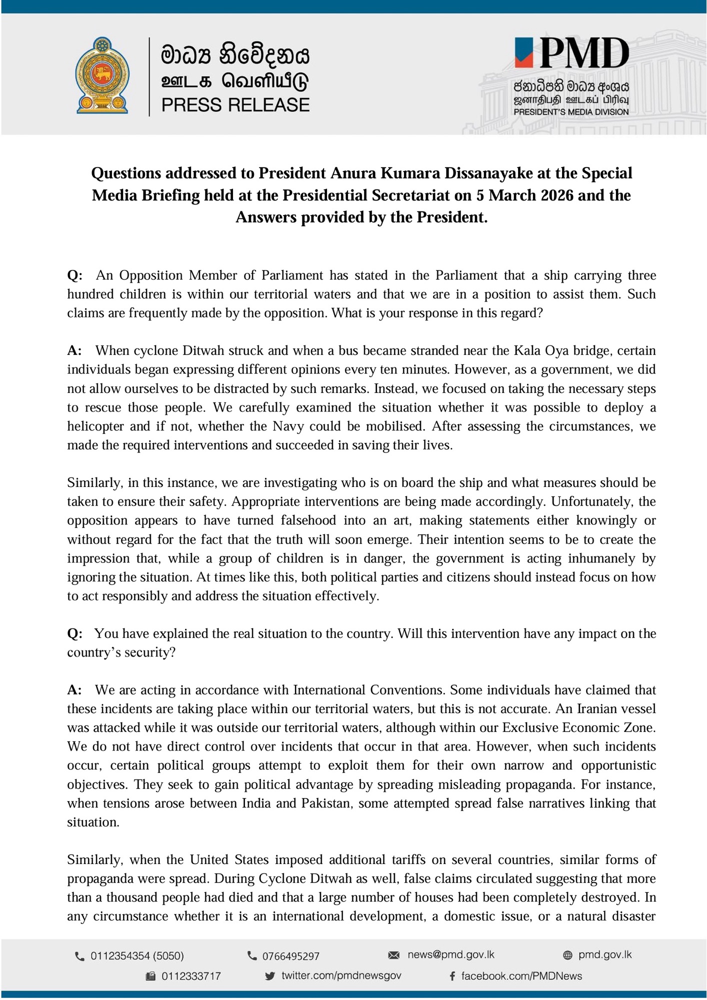 The Special Media Briefing by H.E. the Anura Kumara Dissanayake, President of Sri Lanka, held at the Presidential Secretariat on 05 March 2026