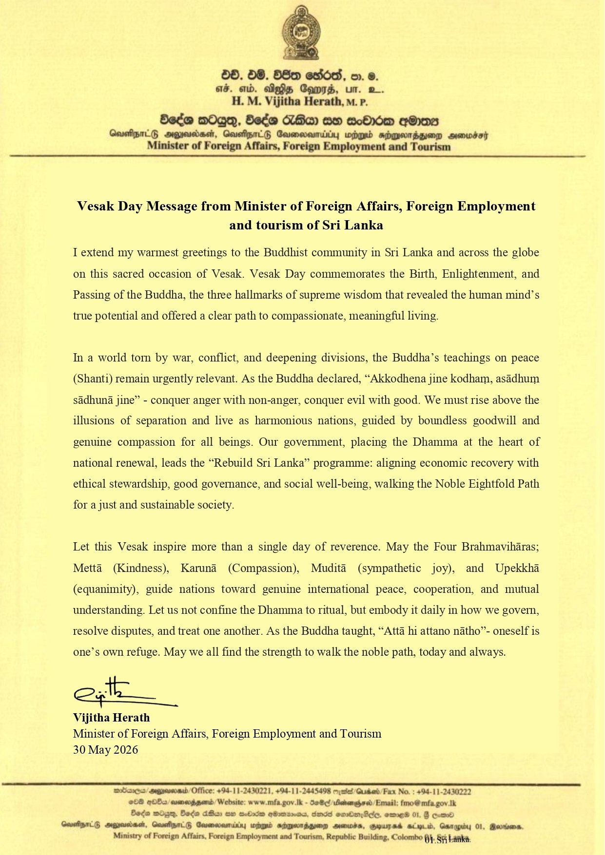 Vesak Day Message of the Minister of Foreign Affairs, Foreign Employment and Tourism Sri Lanka HM Vijitha Herath