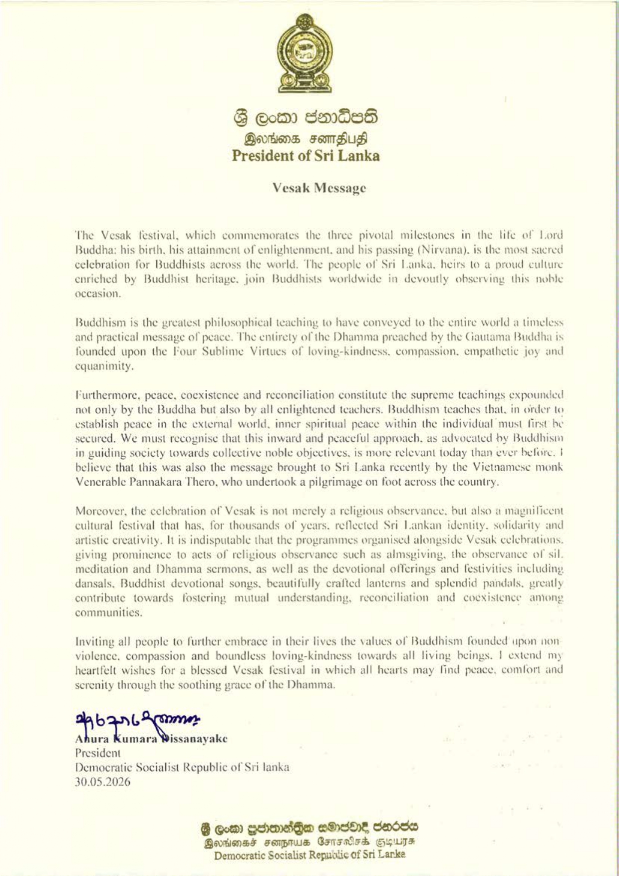 Vesak Day Message of the President of Sri Lanka Anura Kumara Disanayaka
