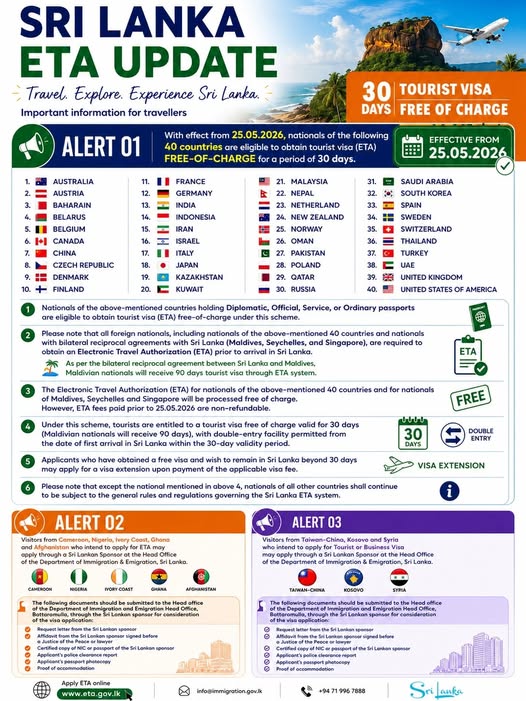 Sri Lanka Welcomes the World – Free Tourist ETA for 40 Countries!